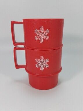 Tupperware Red Snowflake Stacking Mugs (Mold #1312) Retro Vintage Lot of 2